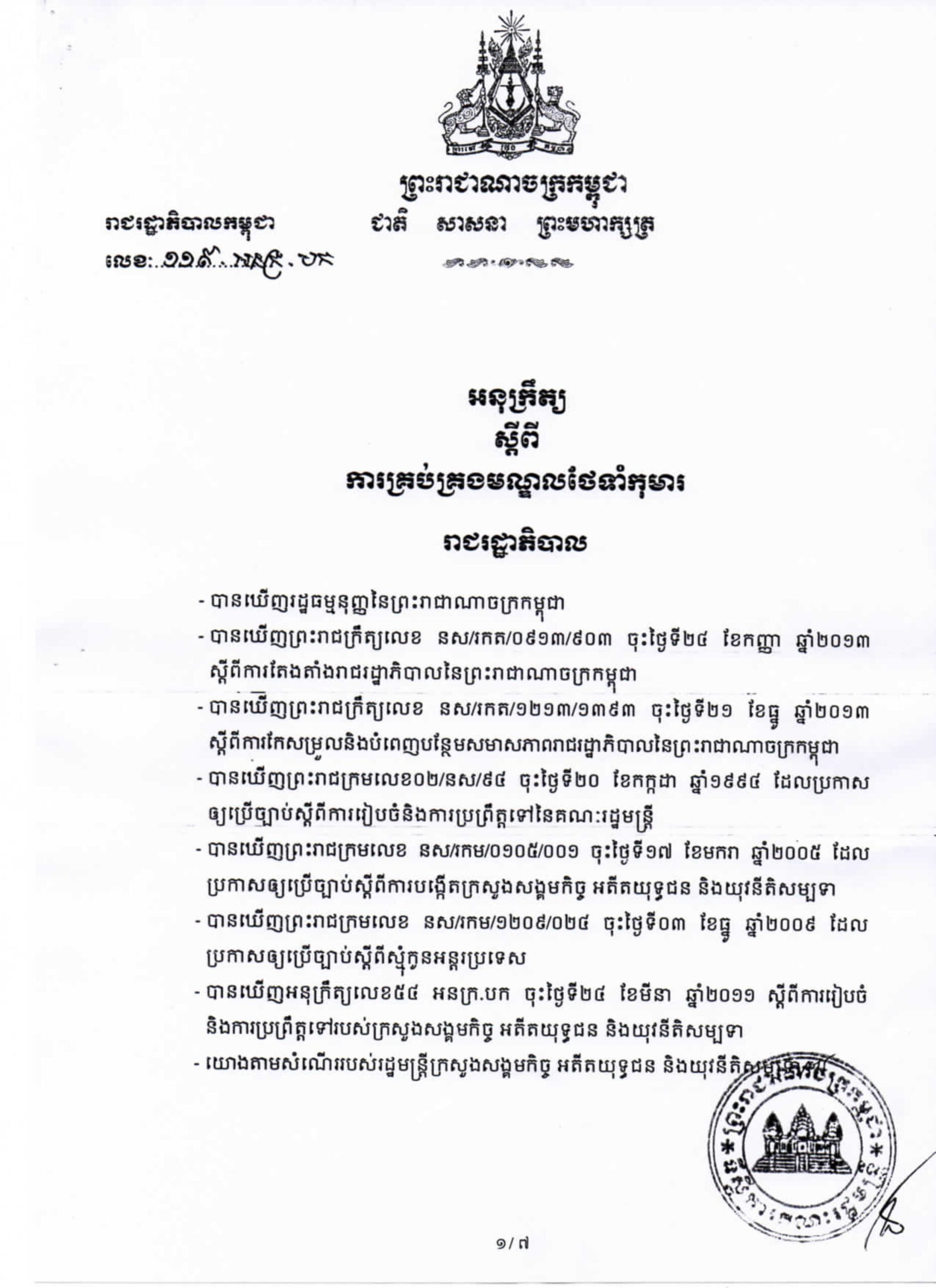 អនុក្រឹត្យ ស្តីពីការគ្រប់គ្រងមណ្ឌលថែទាំកុមារ