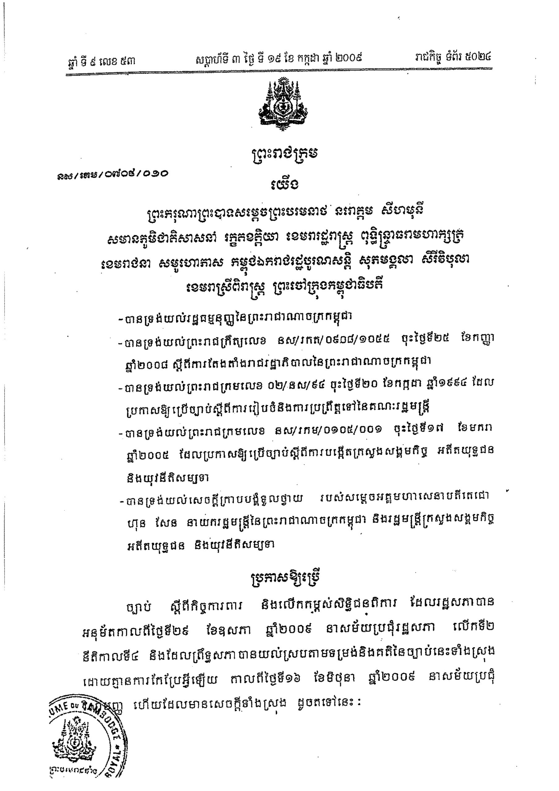 ព្រះរាជក្រម ន្រកាសឱ្យប្រើច្បាប់ ស្តីពីកិច្ចការពារ និងលោកកម្ពស់សិទ្ធជនពិការ