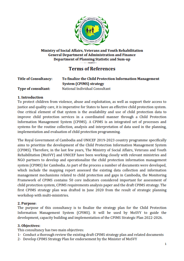 National Individual Consultant To Finalize The Child Protection Management System(CPIMS)